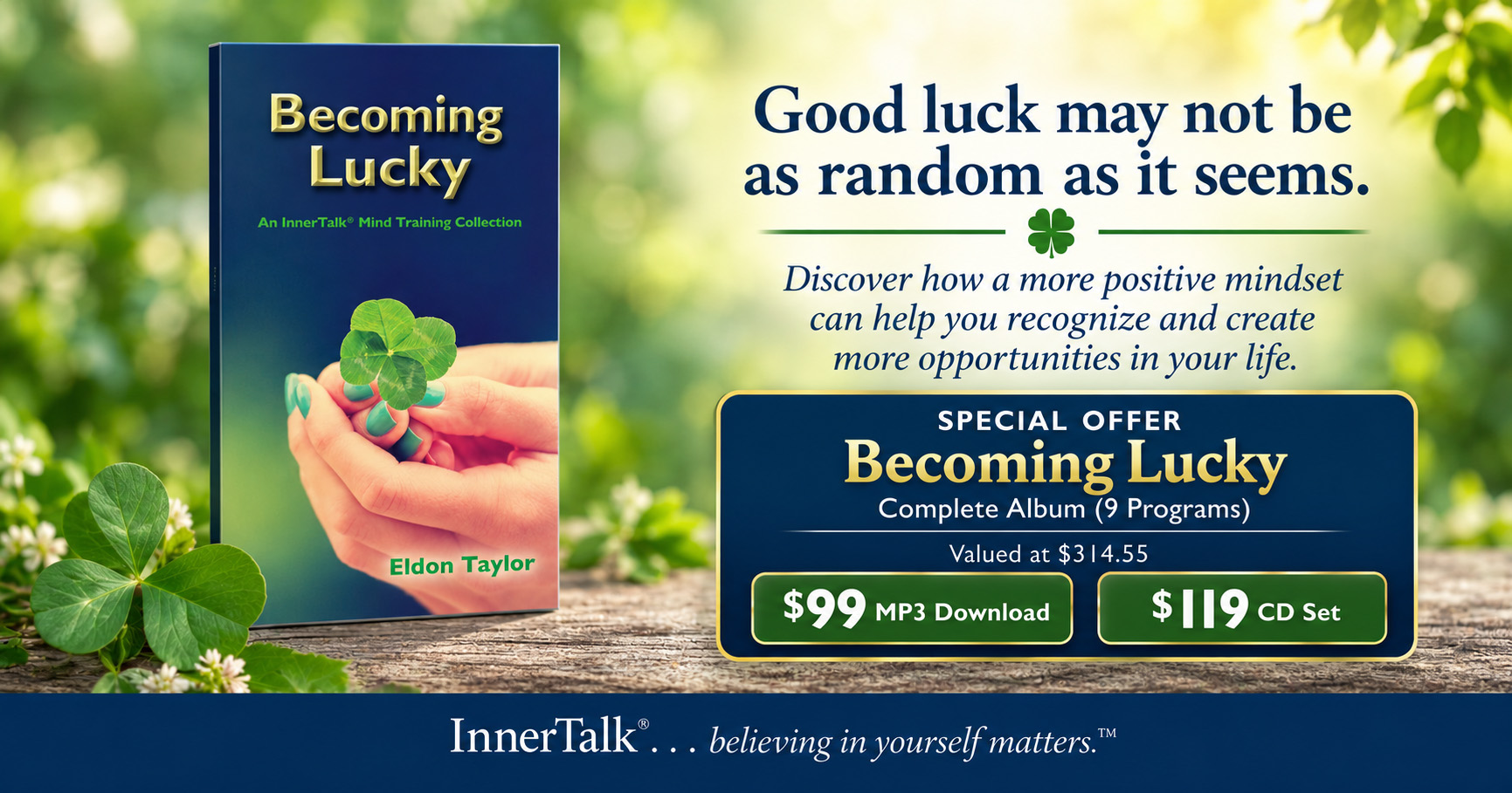 Becoming Lucky InnerTalk album special offer with four-leaf clover imagery: complete 9-program collection, $99 MP3 download or $119 CD set.