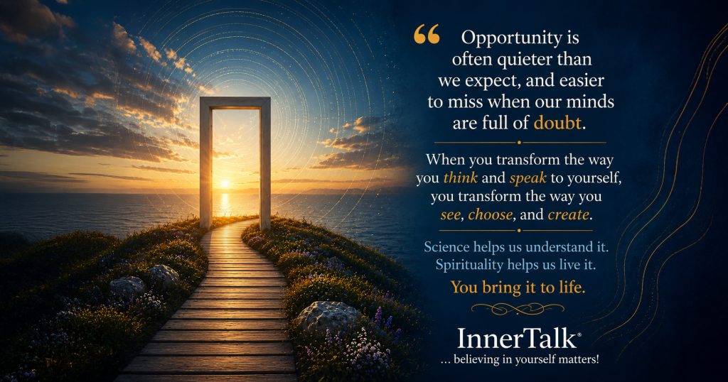 Open doorway at the end of a path overlooking the ocean at sunset, symbolizing opportunity, possibility, and recognizing new paths forward.