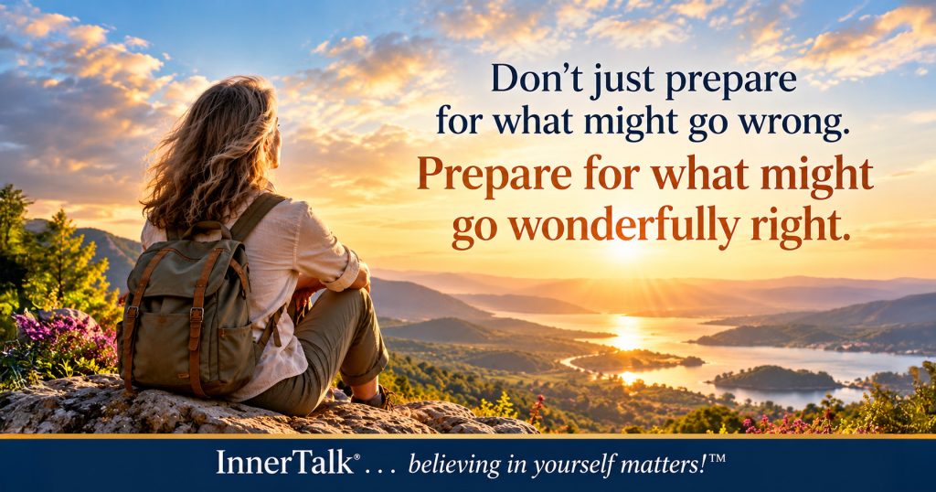 Woman with a backpack overlooking a sunlit mountain and water landscape, representing preparation for the challenges and opportunities ahead.