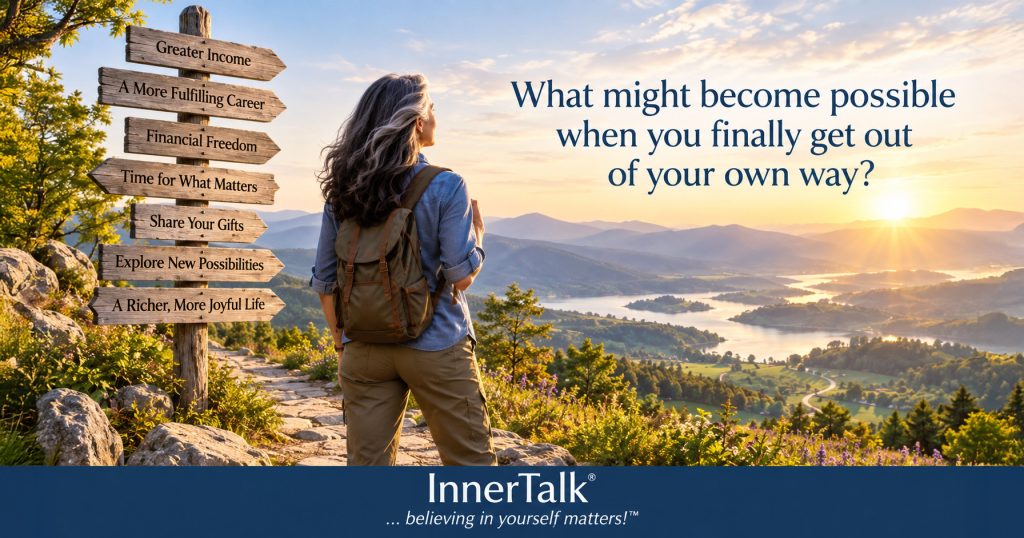 Woman with black and silver hair standing at a mountain overlook beside a signpost pointing toward greater income, financial freedom, a fulfilling career, new possibilities, and a richer life.