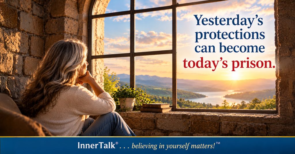 Woman sitting thoughtfully beside a window in a stone-walled room, looking toward a bright landscape. Text reads: "Yesterday's protections can become today's prison."