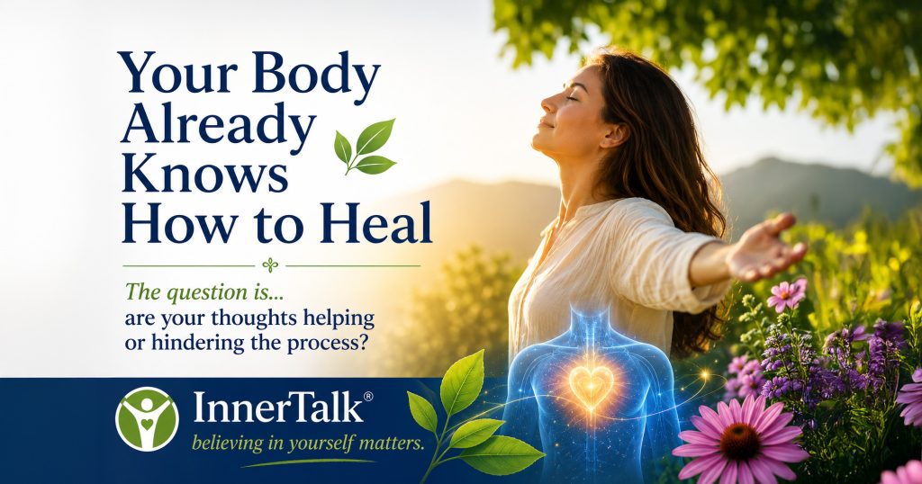 Woman standing peacefully in a sunlit garden with arms outstretched, with a glowing illustration of the body's natural healing systems.