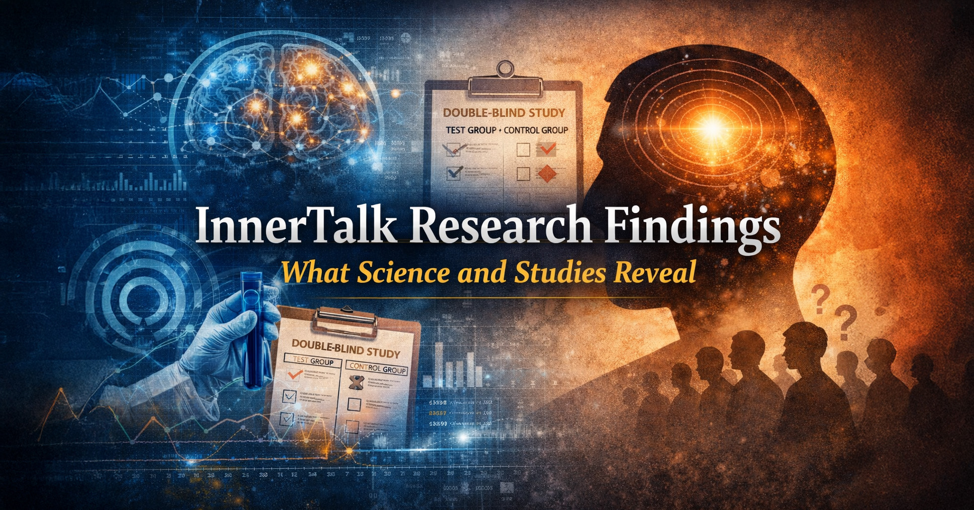 Illustration representing double-blind research, scientific studies, and the cognitive mechanisms underlying InnerTalk subliminal technology